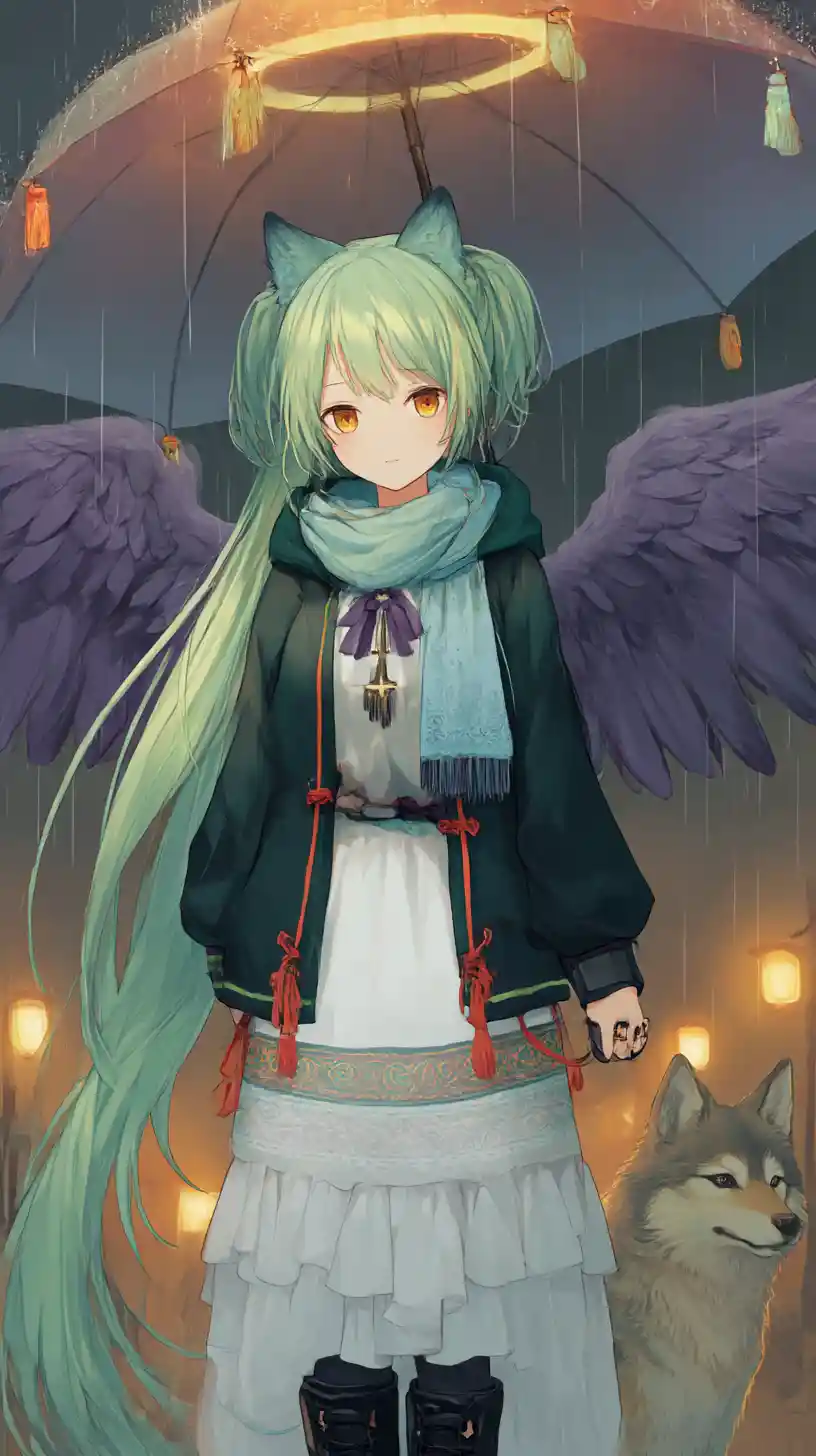 Green haired anime girl in hoodie walking a city street