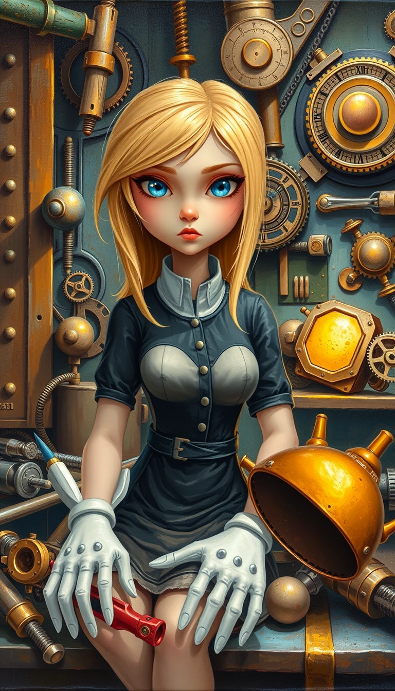 Retrato em impasto de uma engenheira em uma oficina steampunk