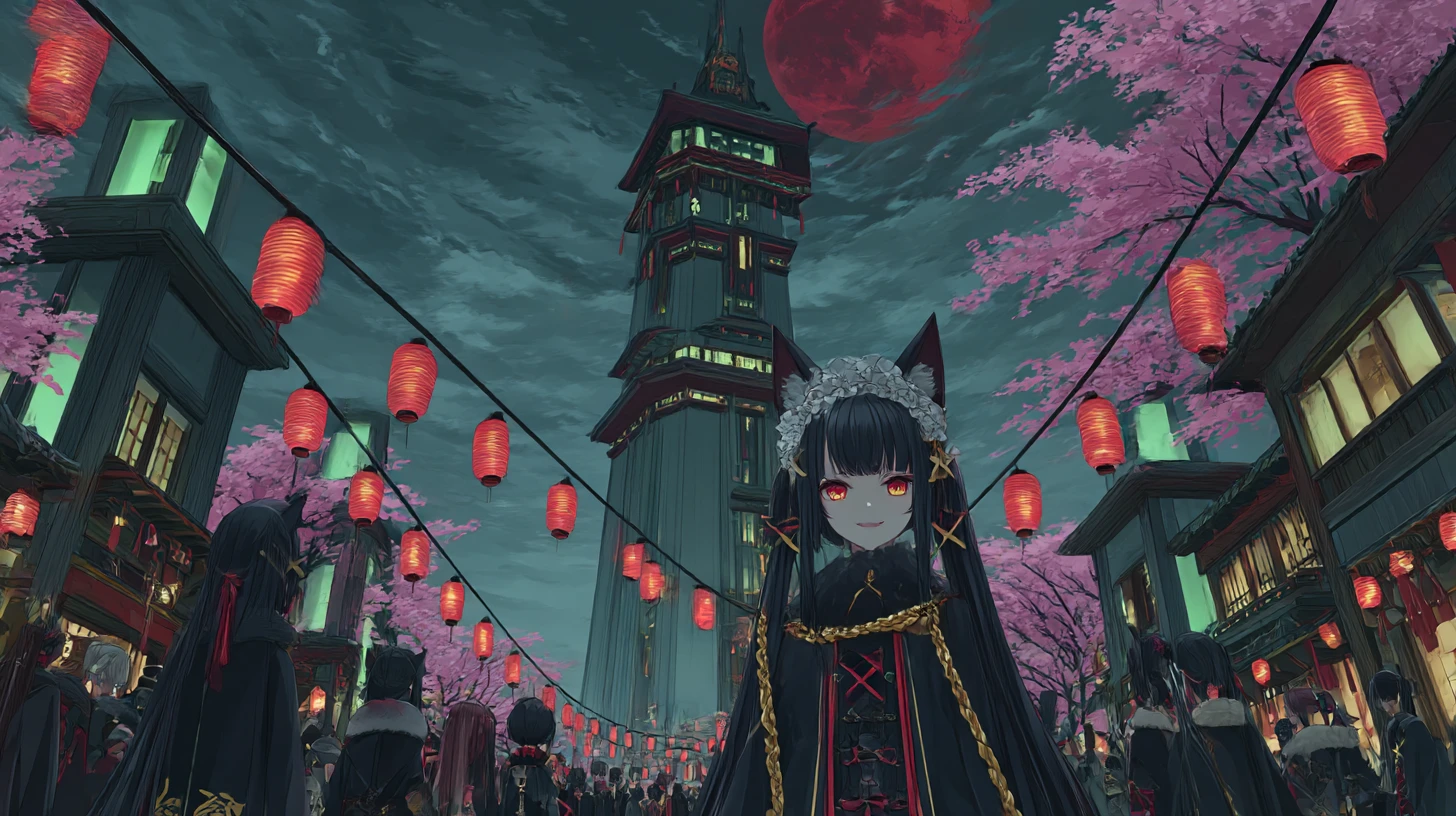 Rua de carnaval fantástica sob uma lua vermelha em estilo anime