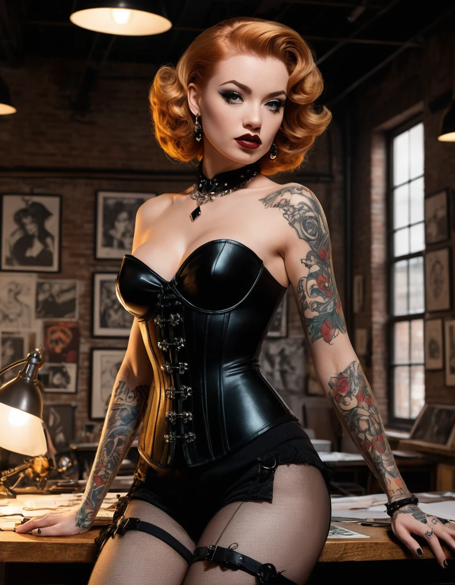 Artista pin-up radiante em estúdio loft gótico