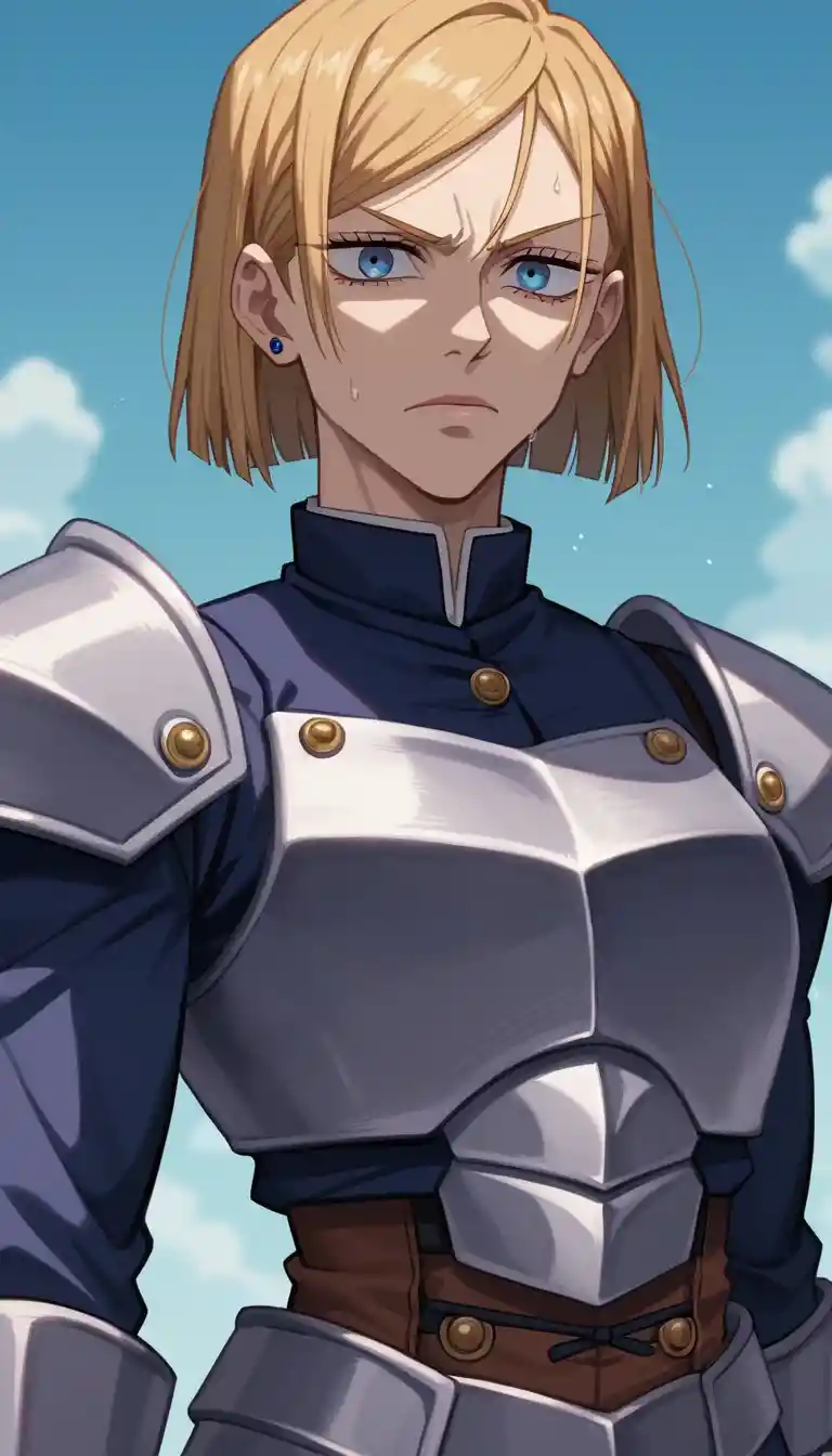 Heroína de anime blindada com olhos azuis e cabelo loiro