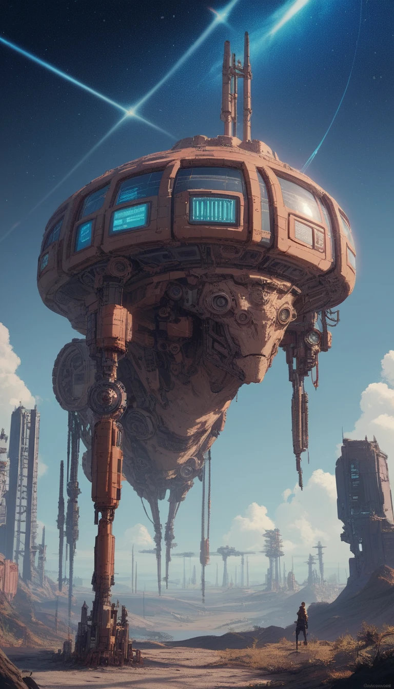 Prédios maciços e deformados em uma cidade steampunk cyberpunk