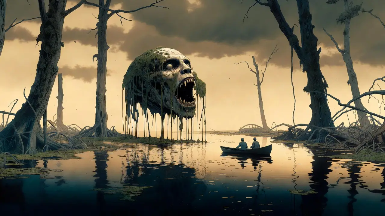 Monstre Surgissant d’un Marais Enchanté devant des Canoéistes Terrifiés