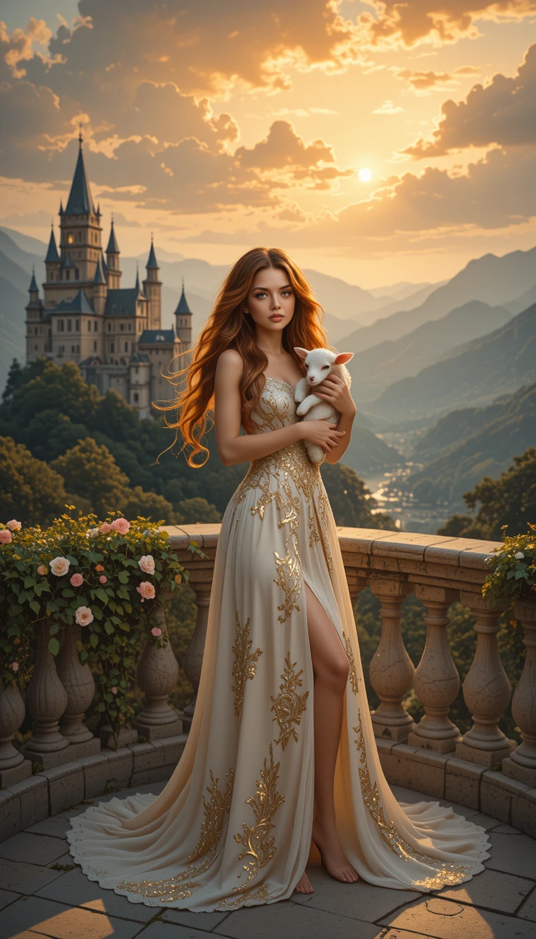 Femme avec un agneau sur un balcon de château au coucher du soleil