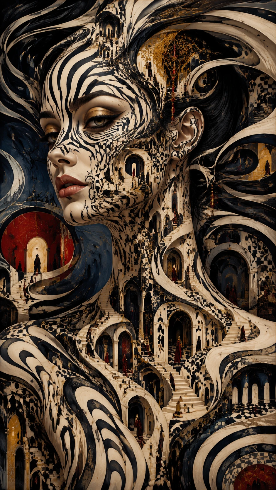 Mulher surreal com padrões arquitetônicos fluindo pela pele