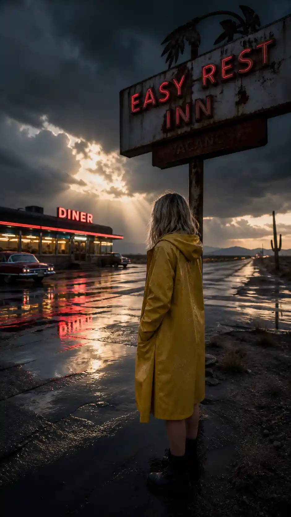 Donna con impermeabile giallo accanto a un'autostrada nel deserto illuminata al neon