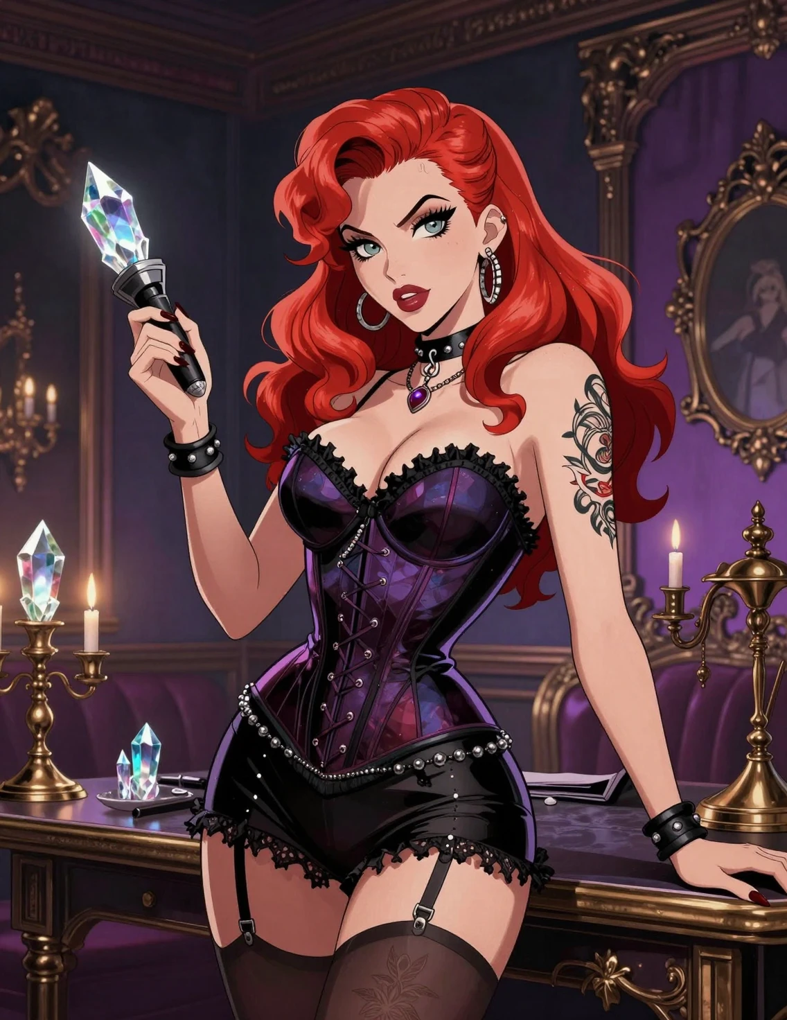 Artista pin-up sensual em estúdio loft gótico e bruxesco