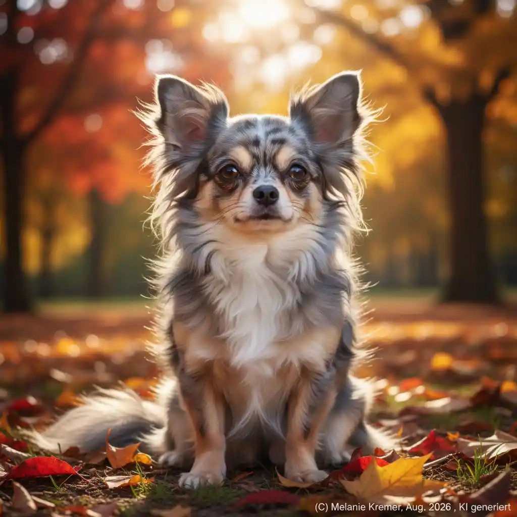 Chihuahua merle sentado em folhas de outono em um parque ensolarado