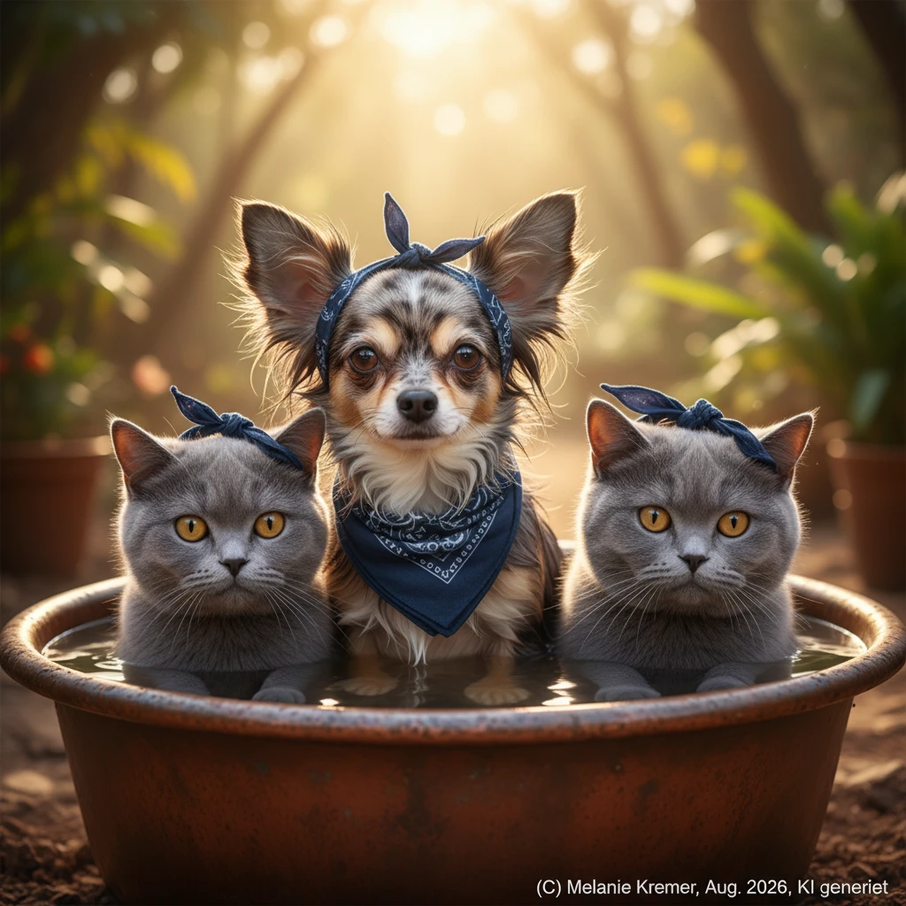 Chihuahua idoso e dois gatos cinzentos em banheira ao ar livre