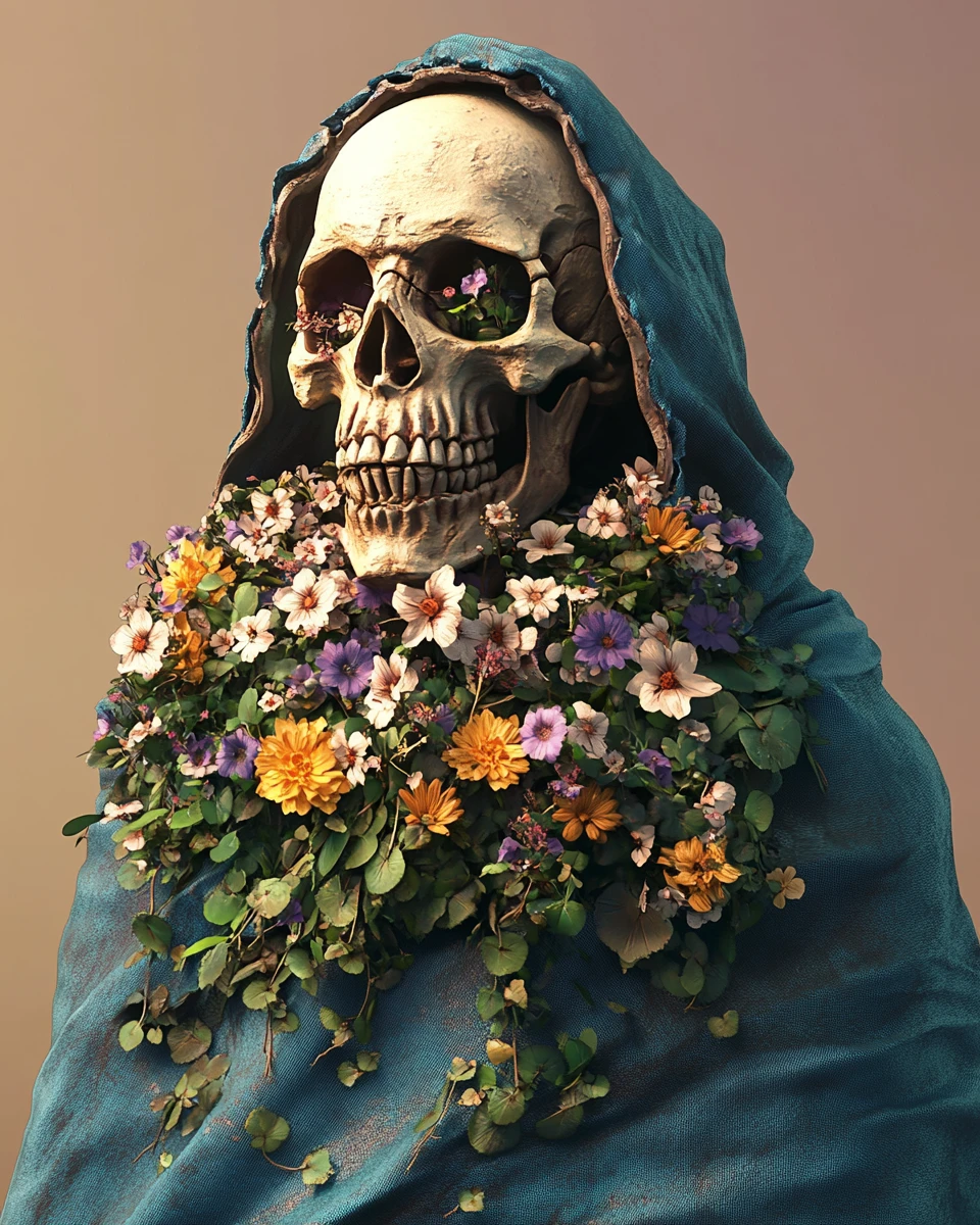 Esqueleto 3D em estilo cômico com flores e capa azul