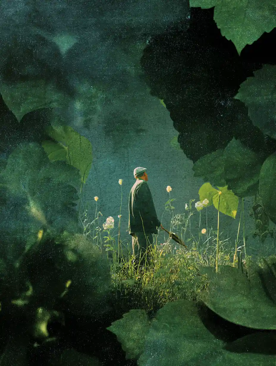 Jardineira surreal plantando árvores em um mundo verde de sonho