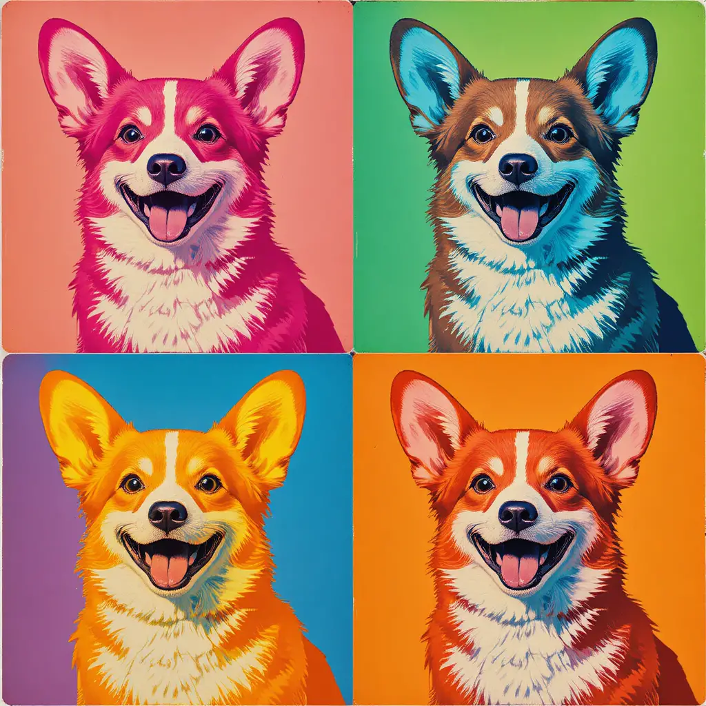 Portrait en grille pop art coloré d’un chien corgi joyeux