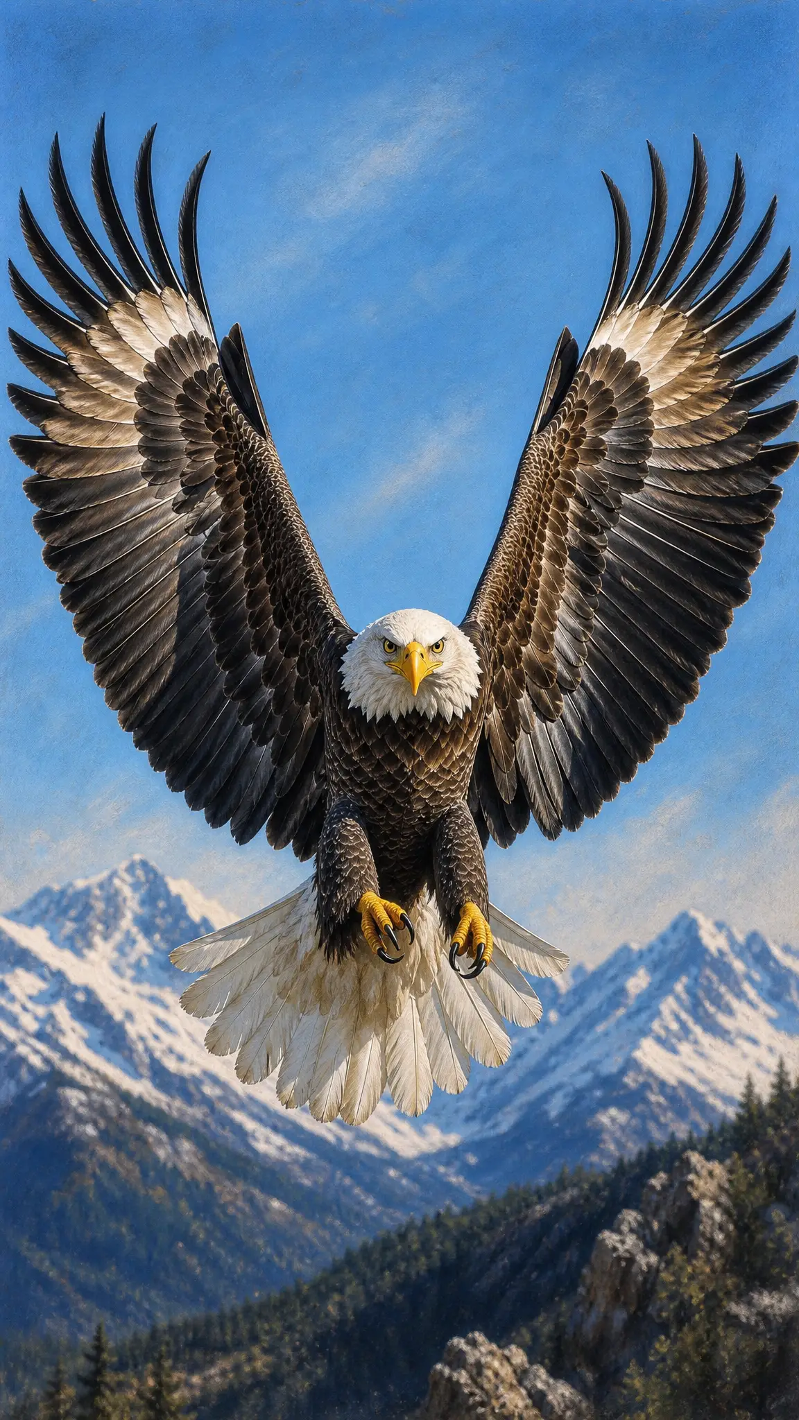 Seeadler mit ausgebreiteten Schwingen über Gebirgslandschaft