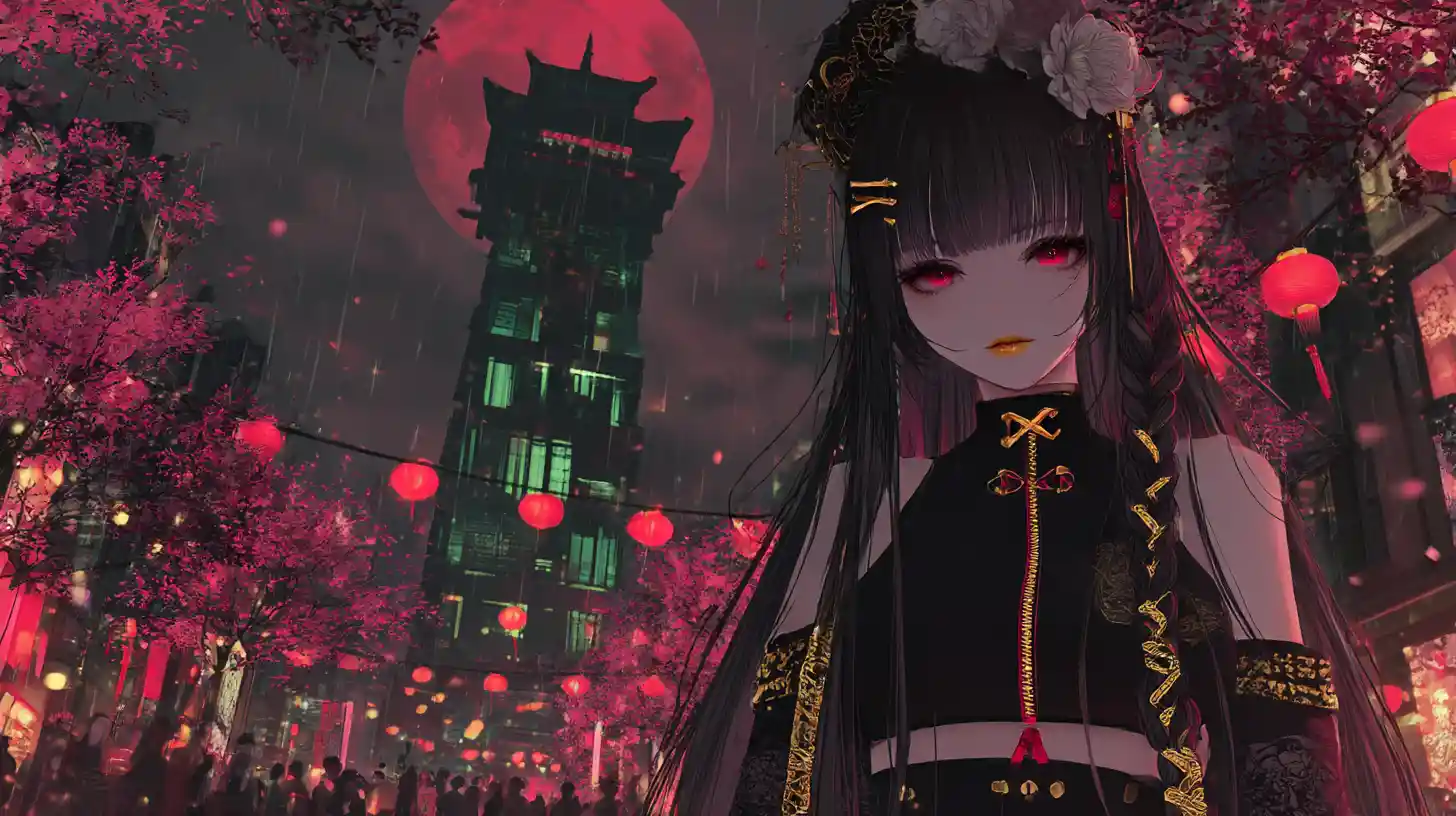 Rue de carnaval fantastique sous une lune rouge sang