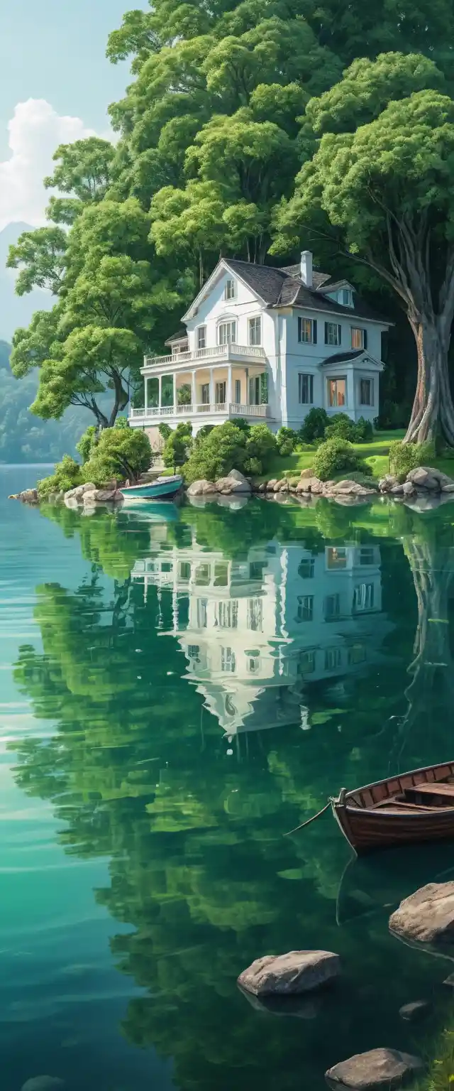 Disegno di casa sul lago con barca su acqua cristallina