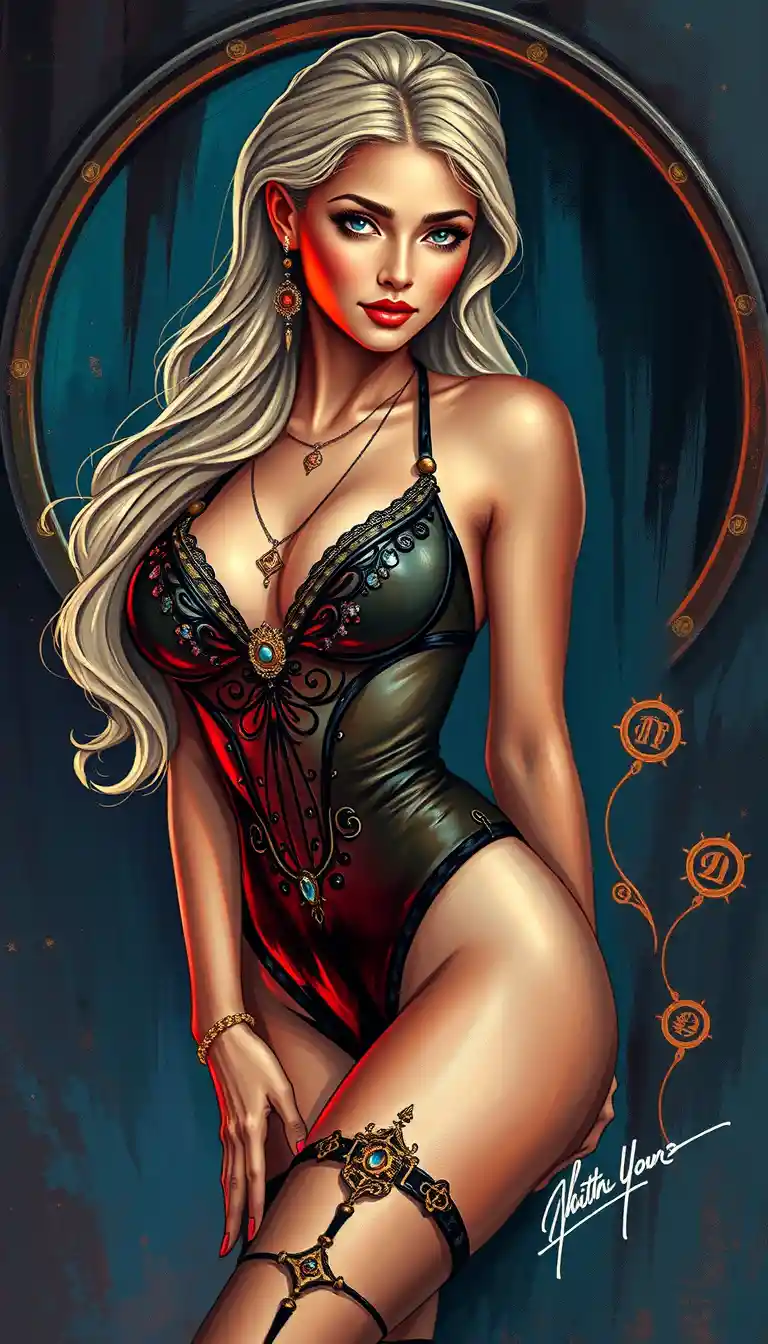 Femme fatale glamour en couture baroque sur fond céleste
