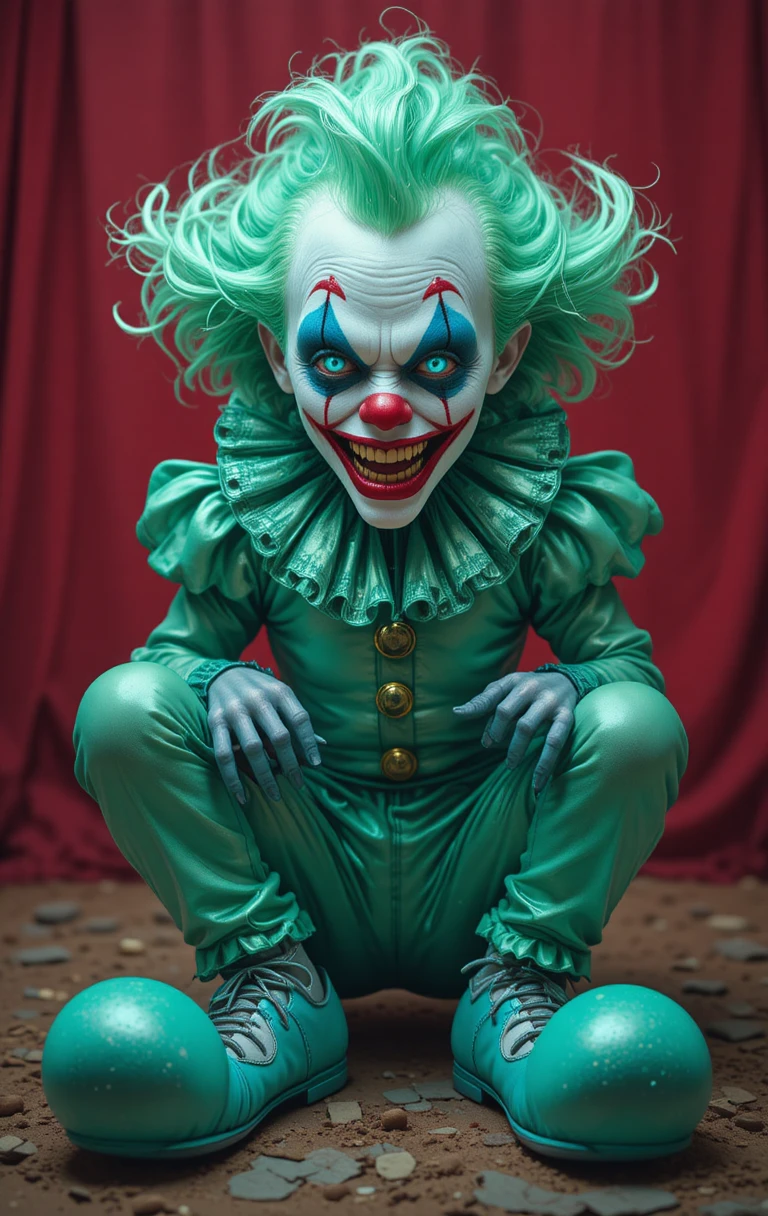 Clown sinistro con capelli verde menta e scarpe color teal