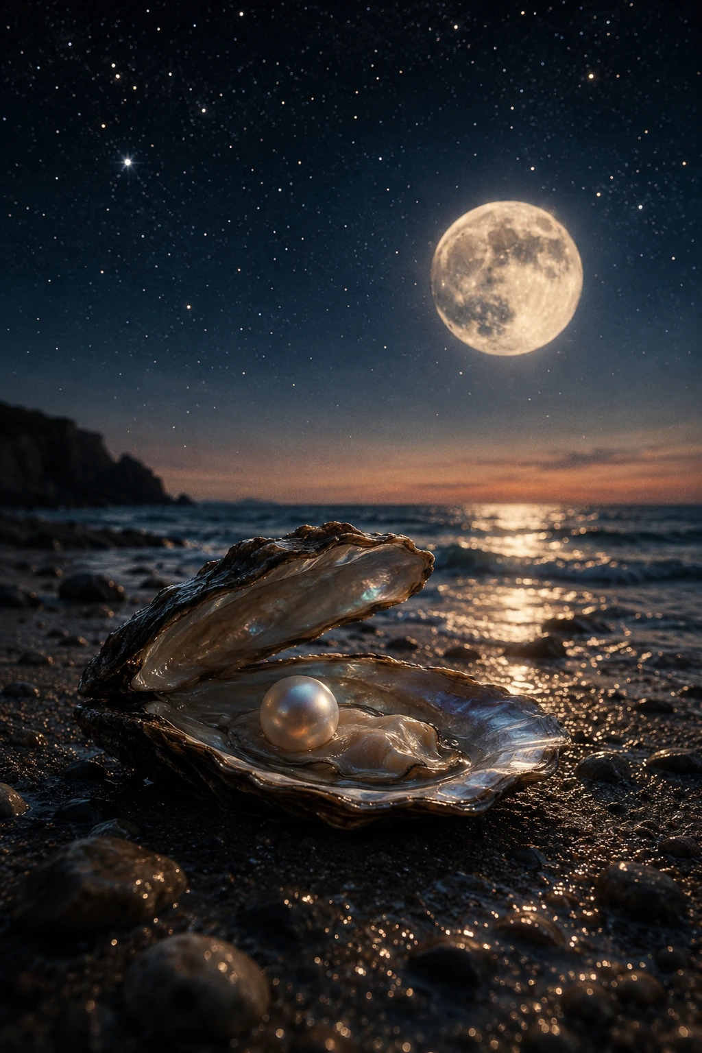 Perla luminosa in un'ostrica aperta sotto la luna piena