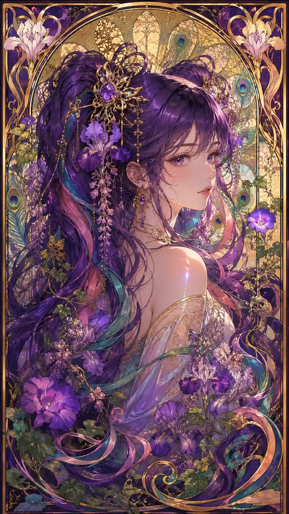 Ragazza anime Art Nouveau con fluenti codini floreali