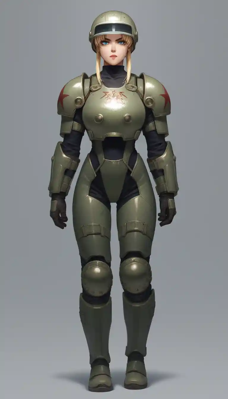 Blonde anime warrior woman in heavy iron armor