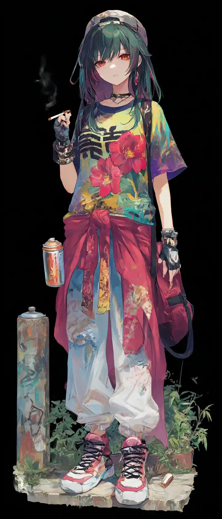 Anime-Mädchen mit Farbdose auf Graffiti-Stadtstraße