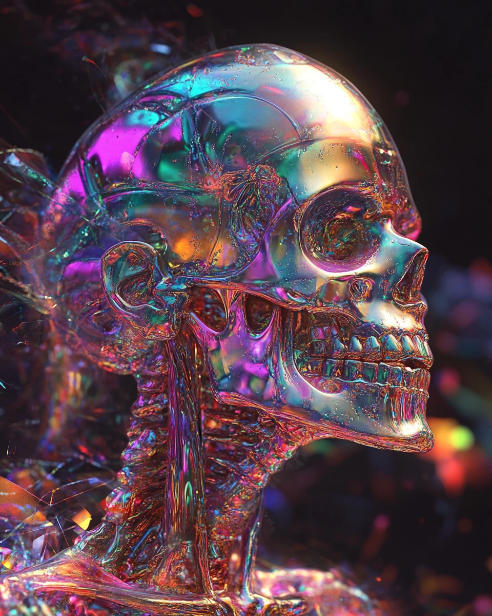 Colorful humanoid skeleton made of abstract shapes and light