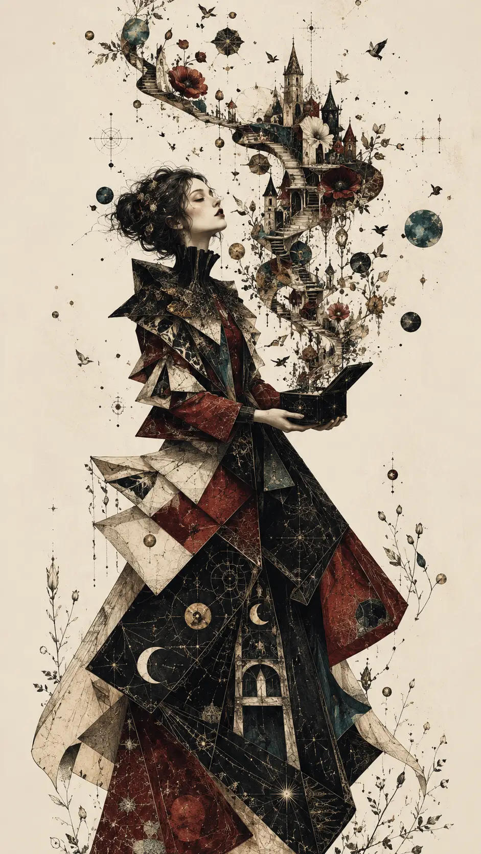 Surreal woman with tiny box releasing a miniature universe