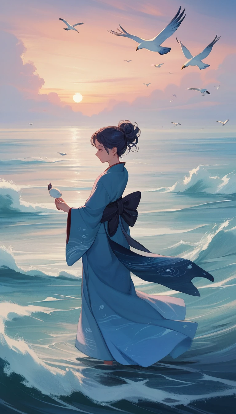 Mulher serena de quimono em uma costa japonesa enevoada