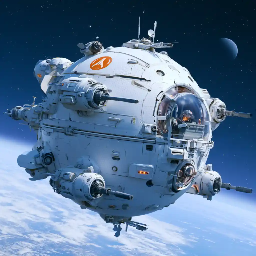 Futuristischer kugelförmiger Raumjäger über einem fernen blauen Planeten