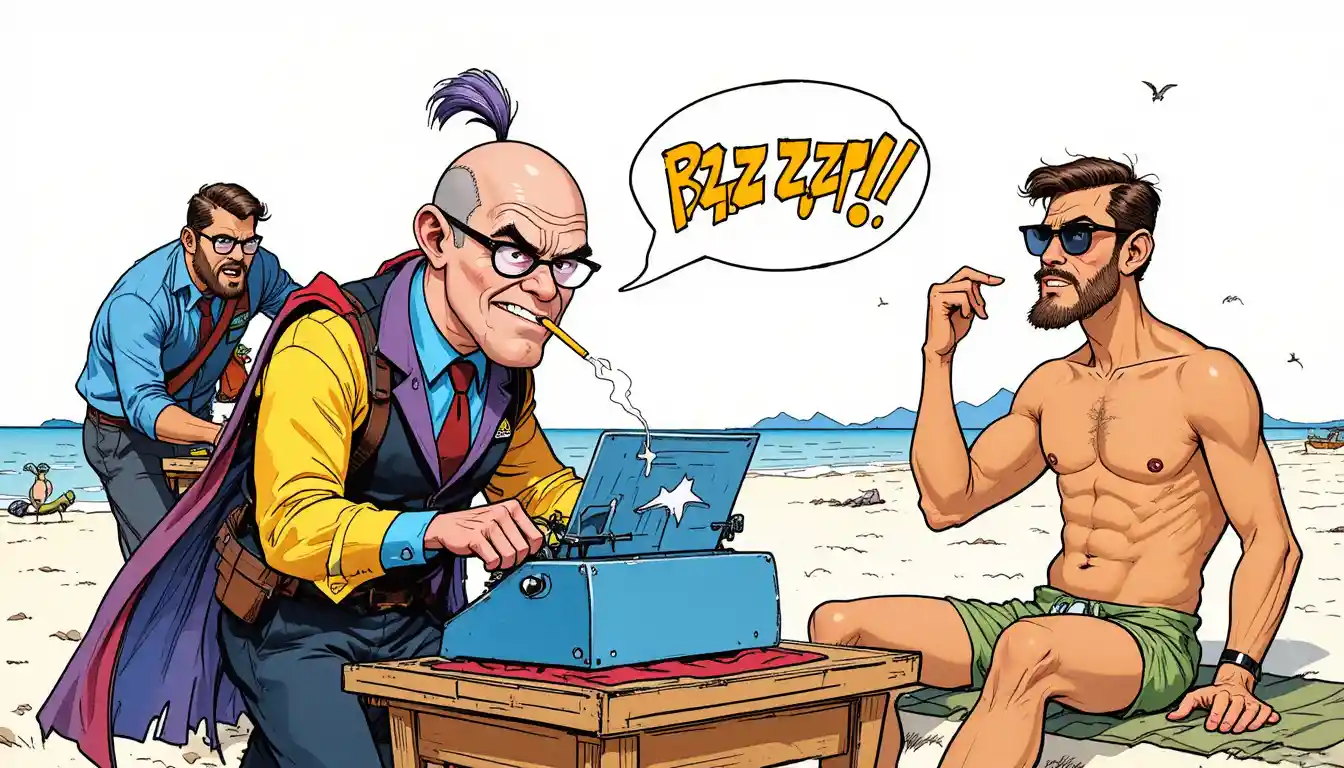 Escritor ansioso digitando em uma máquina de escrever em estilo cartoon