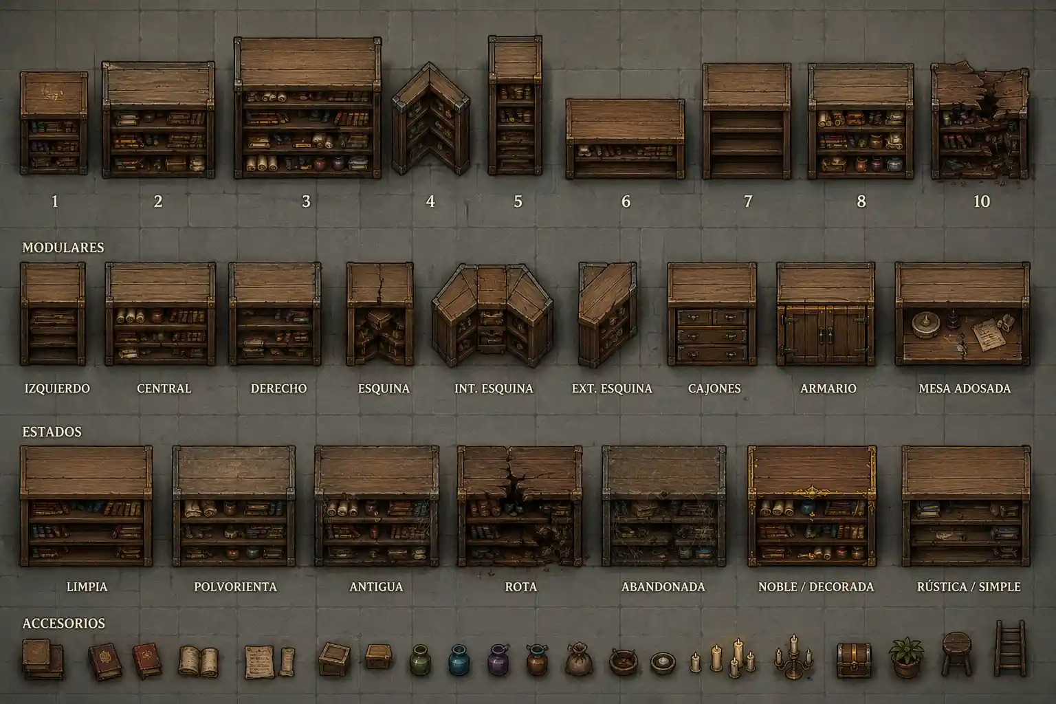 Libreria medievale in legno vista dall’alto per mappe fantasy 2D