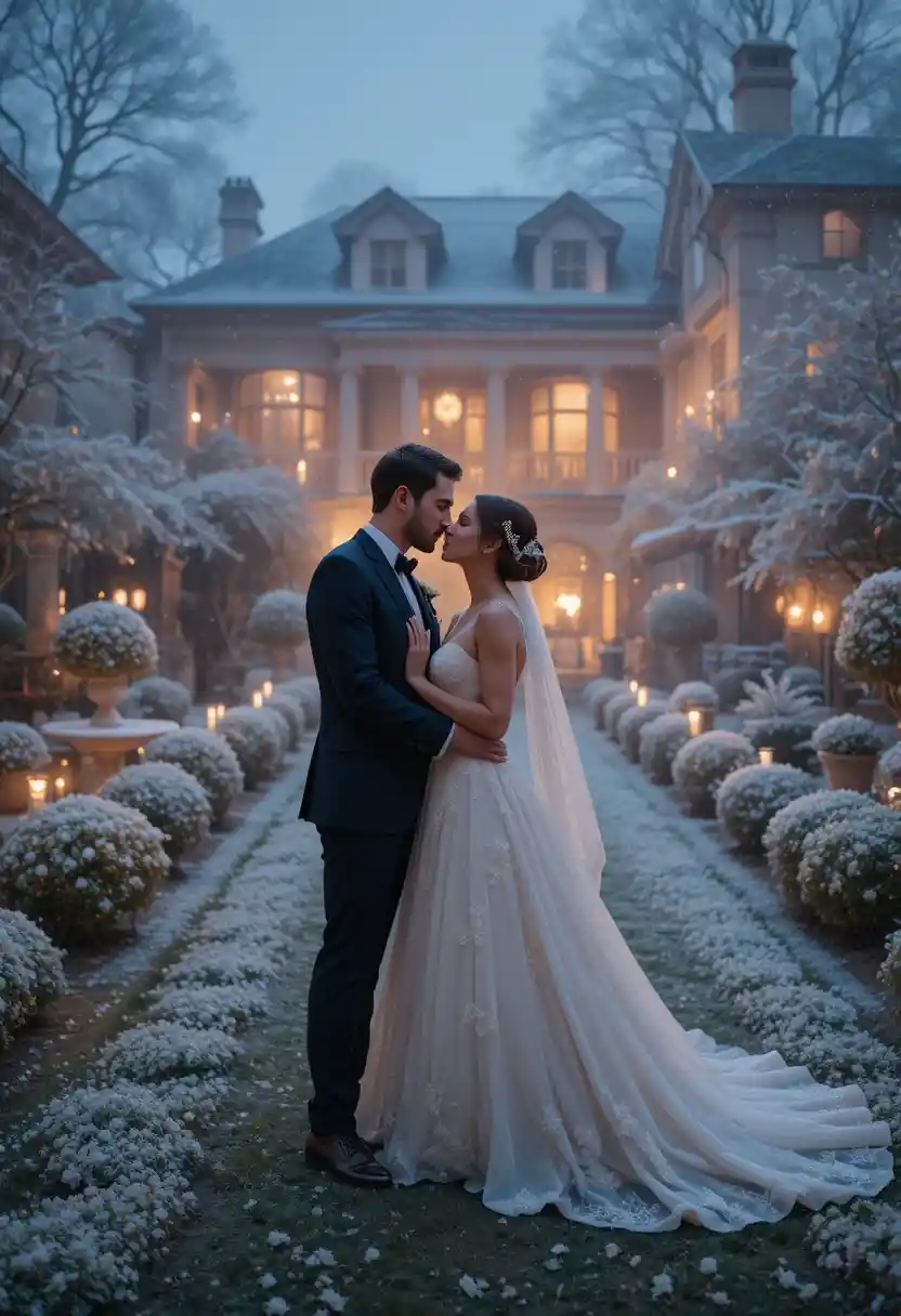 Matrimonio in giardino in una notte nebbiosa con ospiti e luci calde