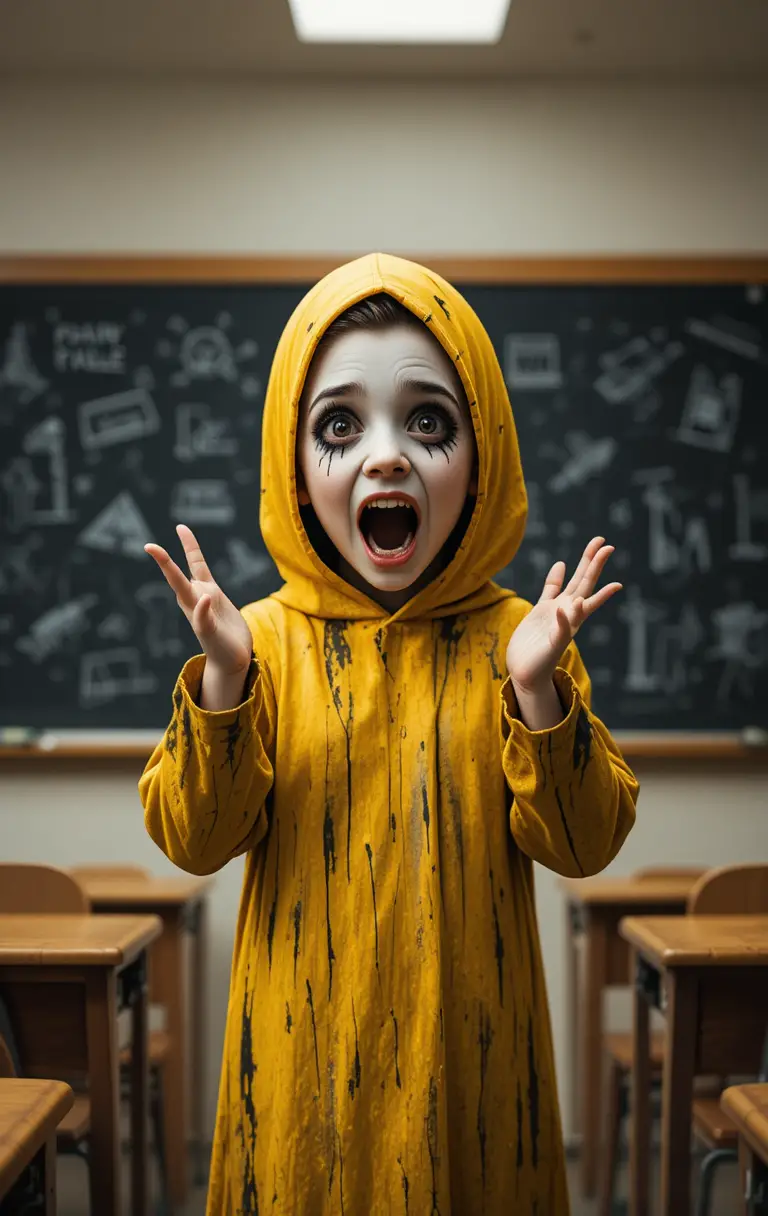 Verspieltes Kindergeist im gestreiften Kostüm im Klassenraum-Poster
