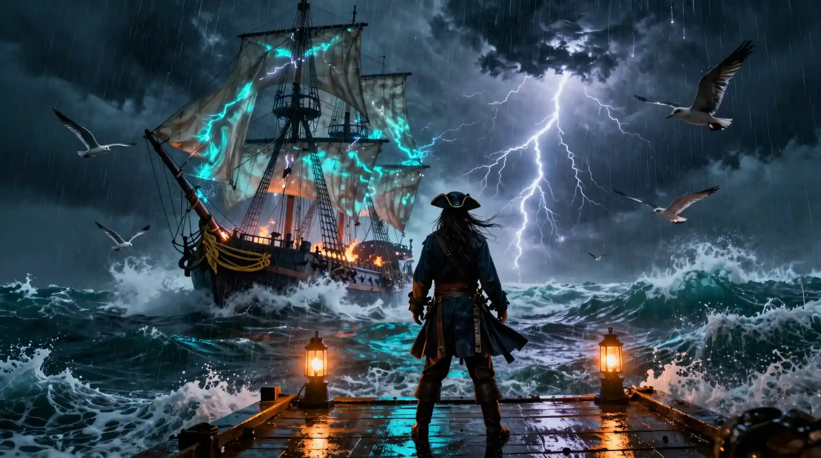 Pirata solitário em píer tempestuoso diante de um mar encantado em fúria