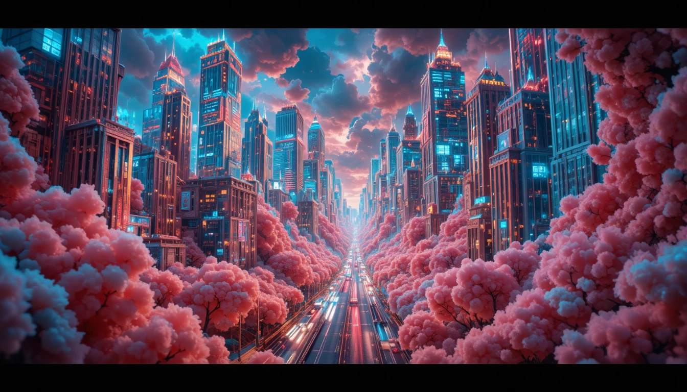 Paisagem Urbana Neon Surreal Tecida com Estruturas de Algodão‑Doce