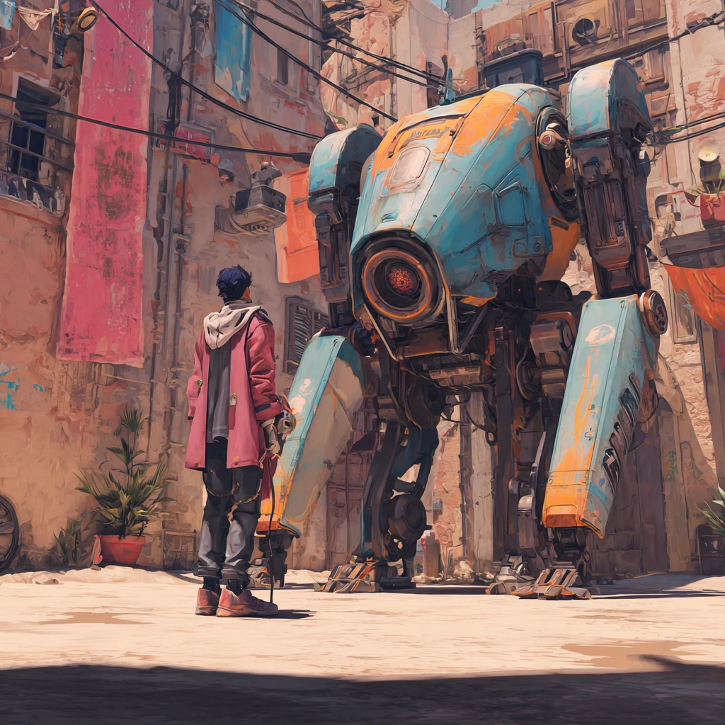 Cyberpunk-Erfinder mit empfindungsfähigem Begleiter in neonbeleuchteter Stadtlandschaft