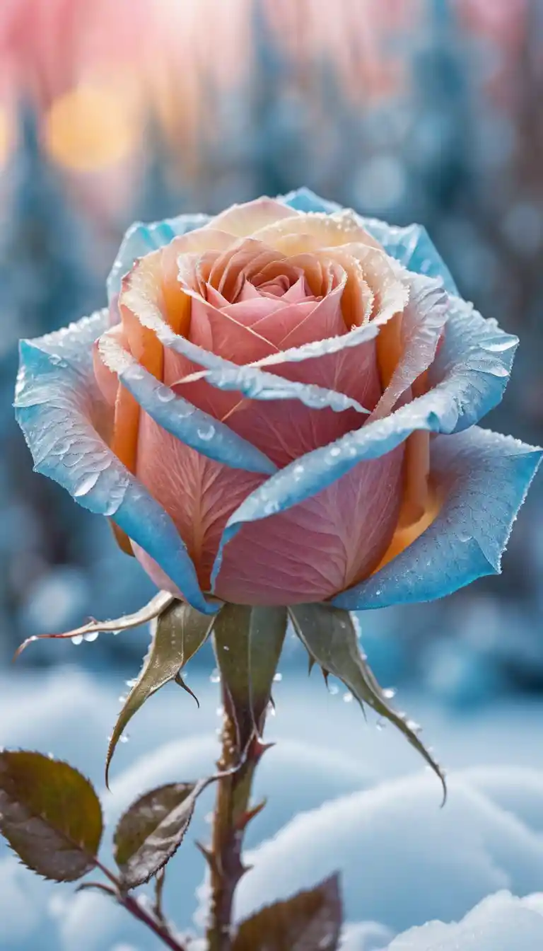 Rose Fantastique Scintillante Fleurissant dans la Neige Profonde d’Hiver