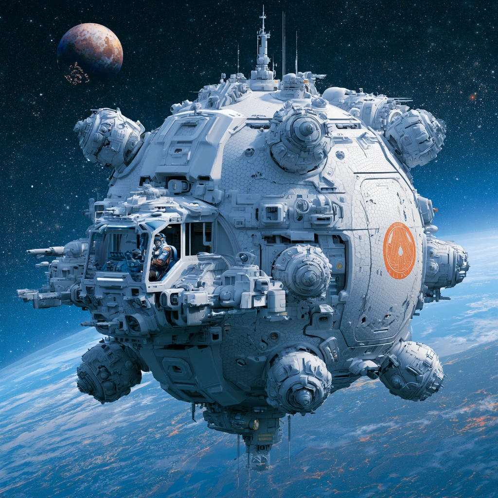 Spherical single seat space fighter over distant blue planet