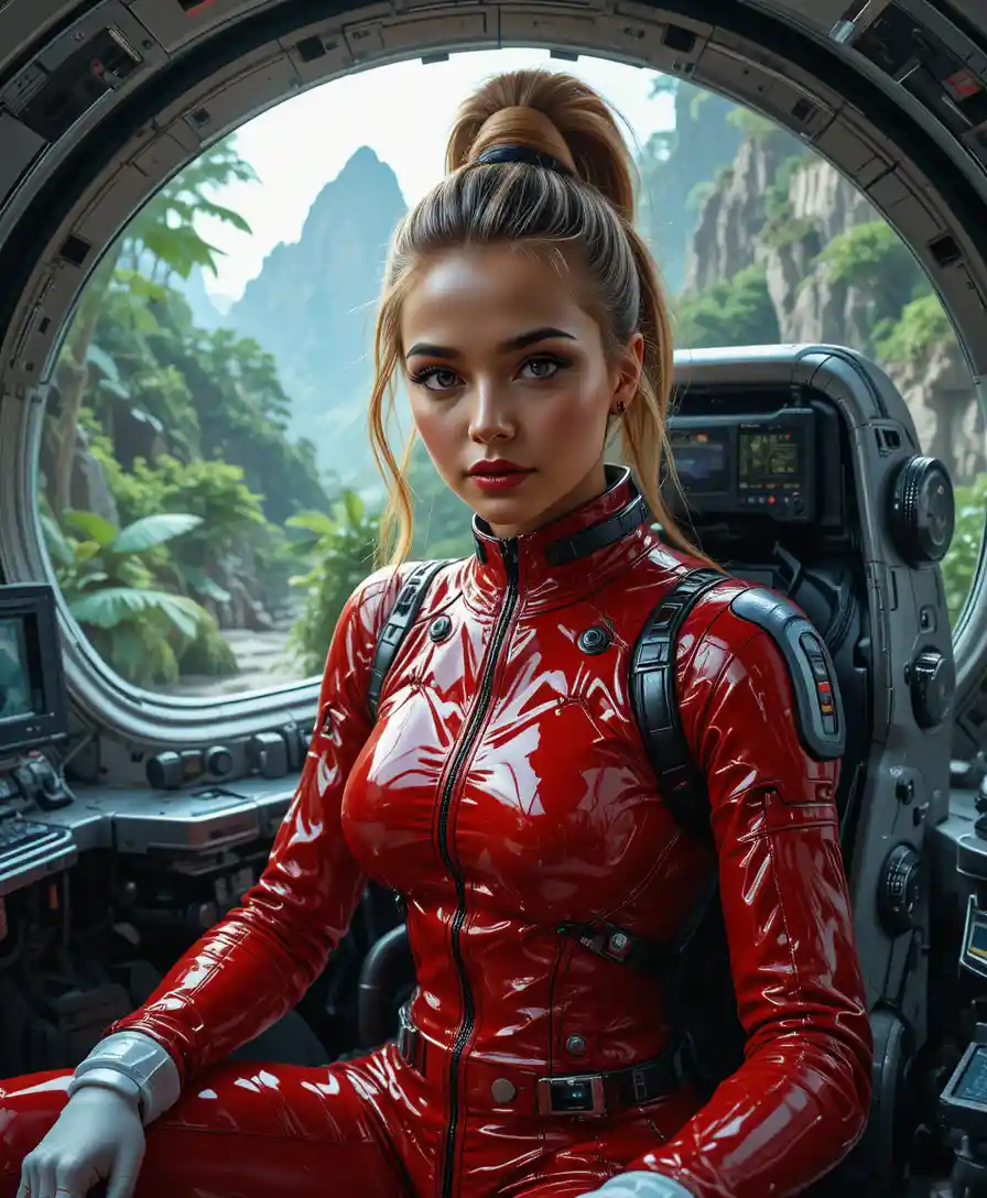 Jovem piloto de vermelho dentro de cabine futurista de nave espacial