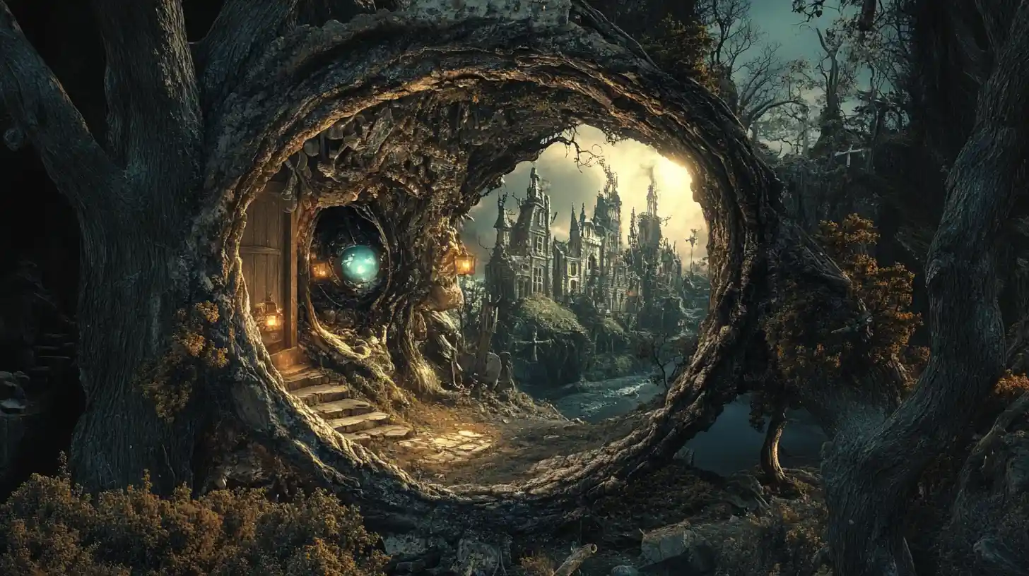 Paysage onirique surréaliste inspiré de visions de contes de fées fracturés