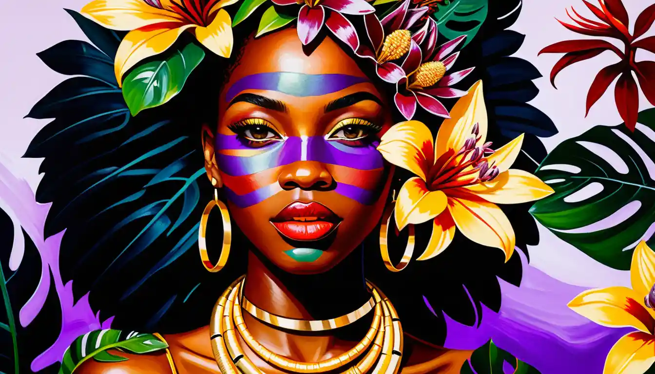 Retrato em close de uma mulher com buquê tropical e joias de ouro