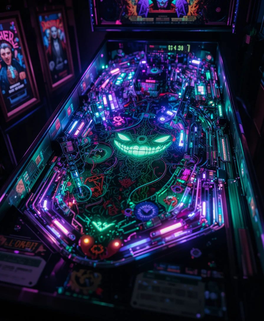 Flipper néon dans une scène d’arcade sombre et menaçante