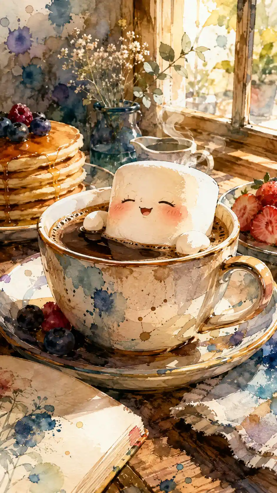 Illustration d’une mignonne guimauve se relaxant dans une tasse de café cosy