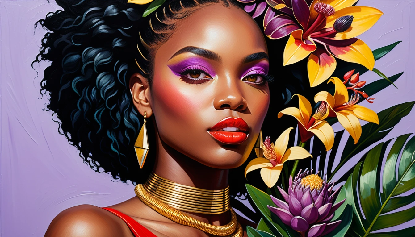 Retrato surreal em impasto de uma mulher com buquê tropical