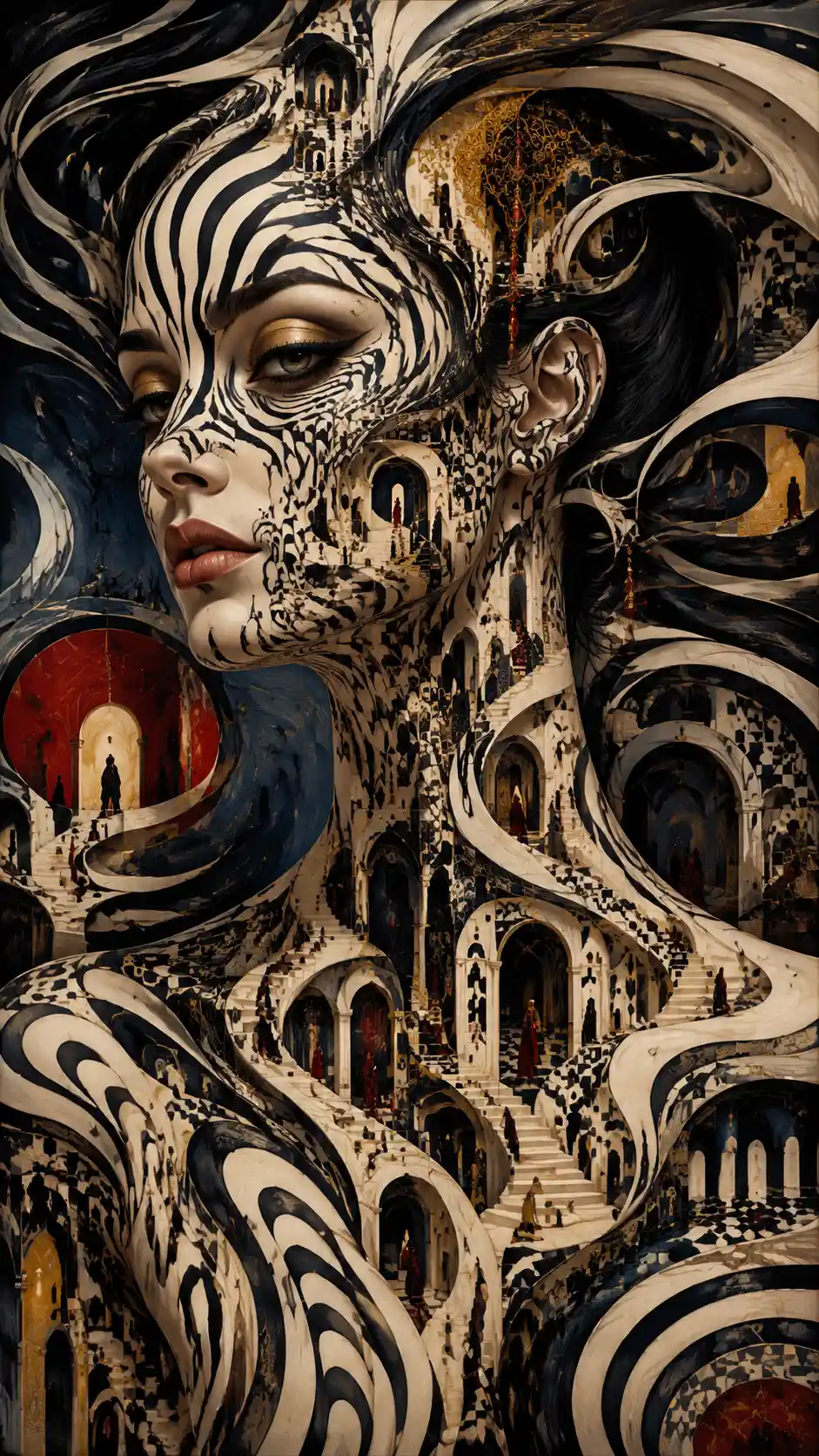 Mulher surreal com padrões arquitetônicos fluindo pela pele