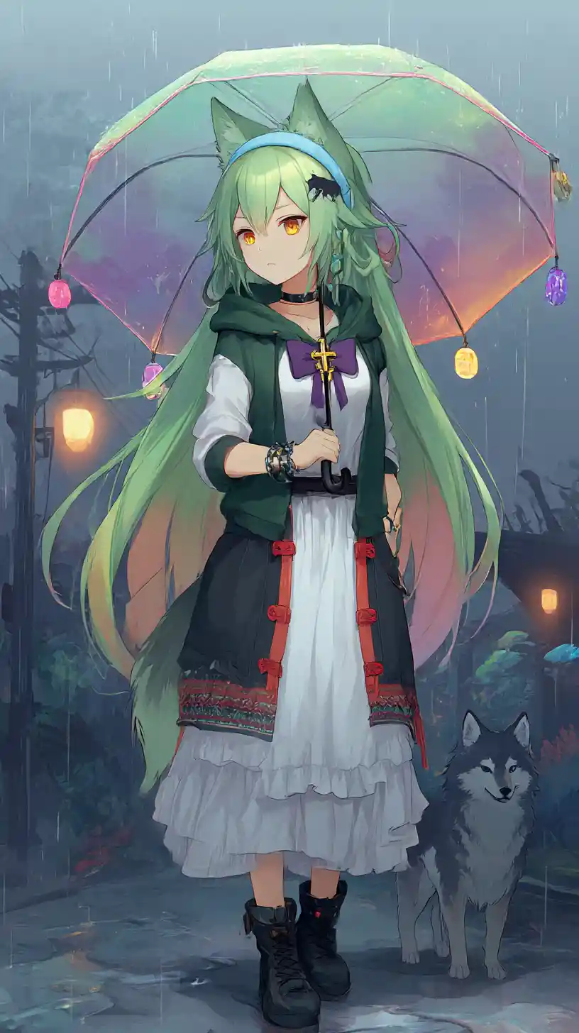 Anime girl walking with umbrella on rainy city street