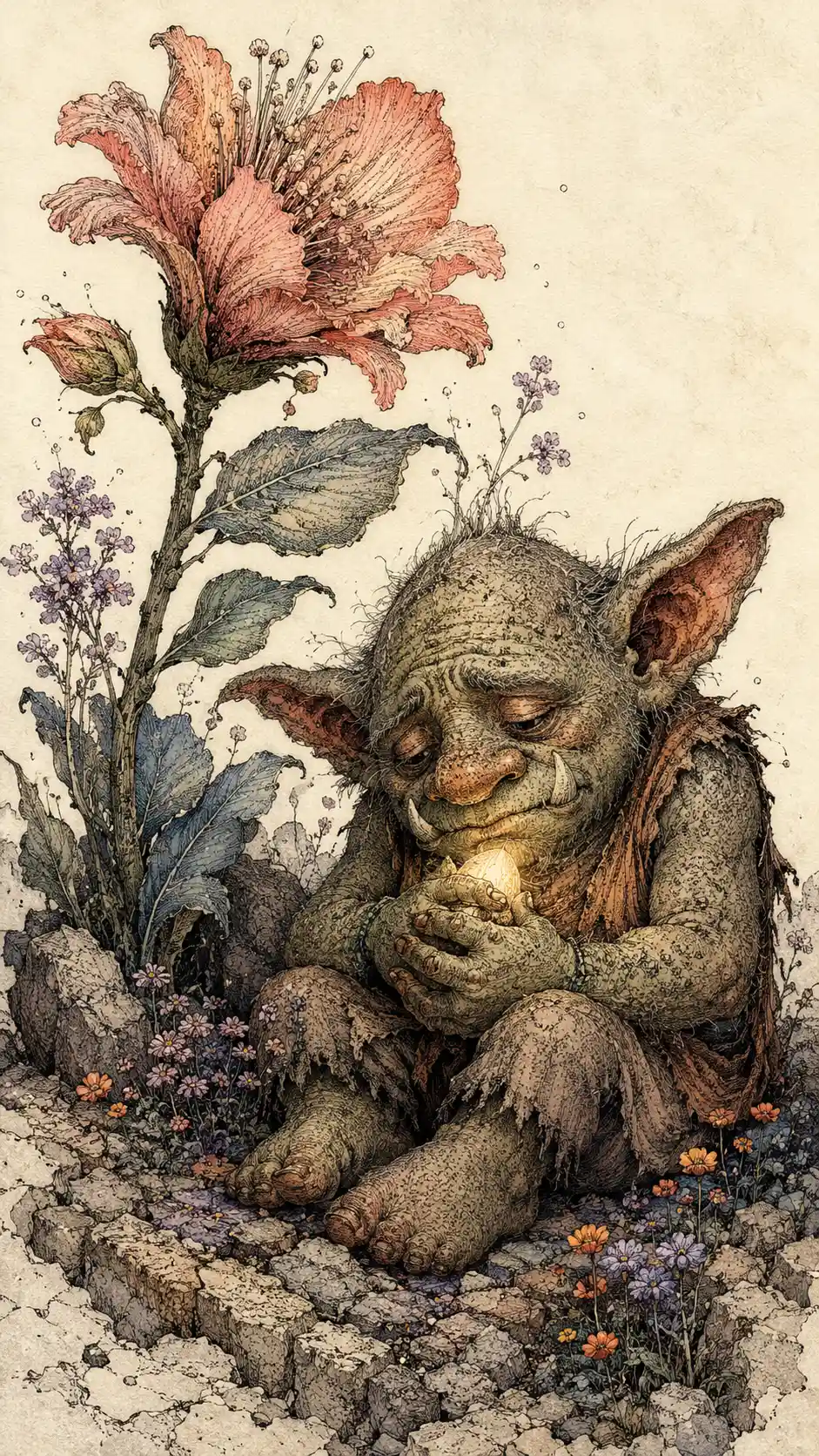 Sanfter Oger hält einen leuchtenden Samen neben einer riesigen Blume
