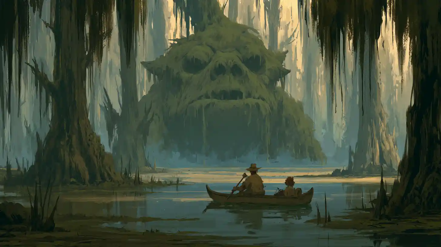 Monstro macabro surgindo de um pântano encantado diante de uma canoa