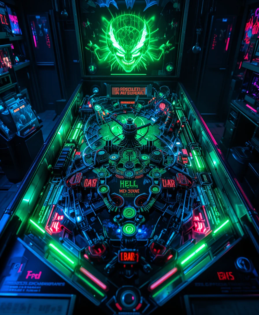 Birds eye view of neon pinball machine in dark hellscape