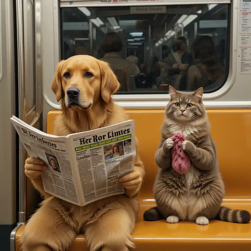 Golden Retriever liest eine Zeitung in einer vollen U-Bahn